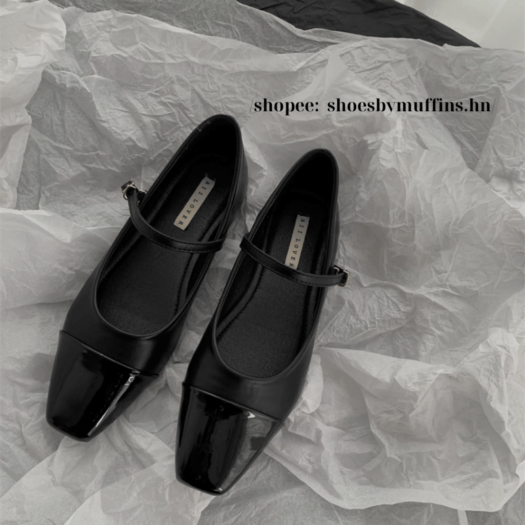 Giày búp bê bệt mũi vuông da mềm phong cách đơn giản