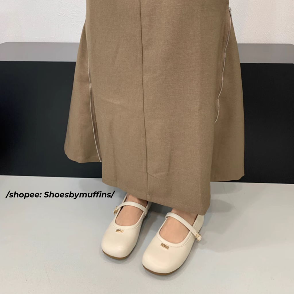 Giày búp bê Mary Jane da mềm họa tiết miumiu phong cách Hàn Quốc