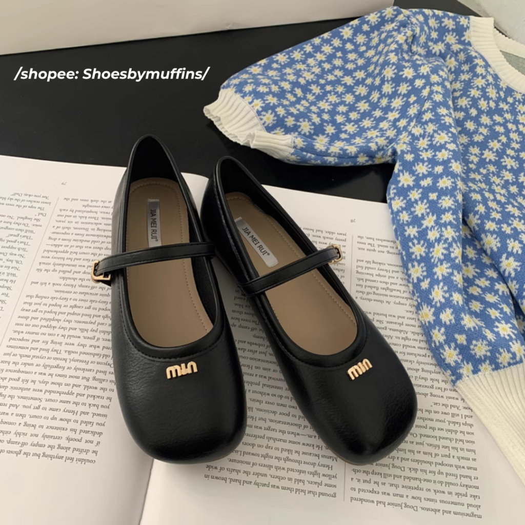 Giày búp bê Mary Jane da mềm họa tiết miumiu phong cách Hàn Quốc
