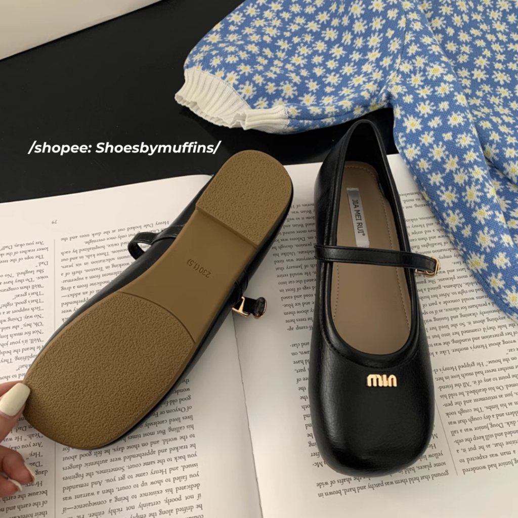 Giày búp bê Mary Jane da mềm họa tiết miumiu phong cách Hàn Quốc