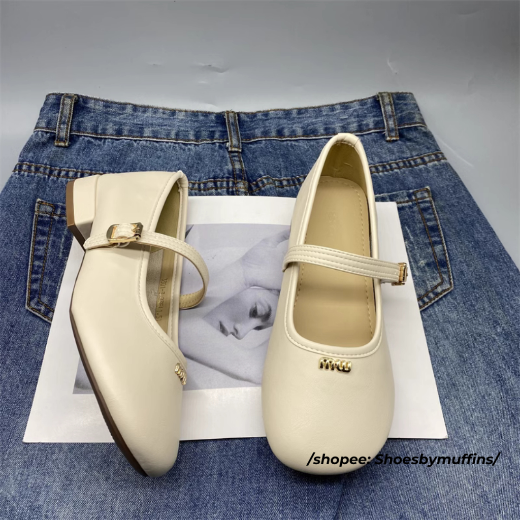 Giày búp bê Mary Jane da mềm họa tiết miumiu phong cách Hàn Quốc