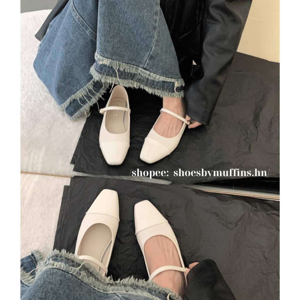 Giày búp bê bệt mũi vuông da mềm phong cách đơn giản