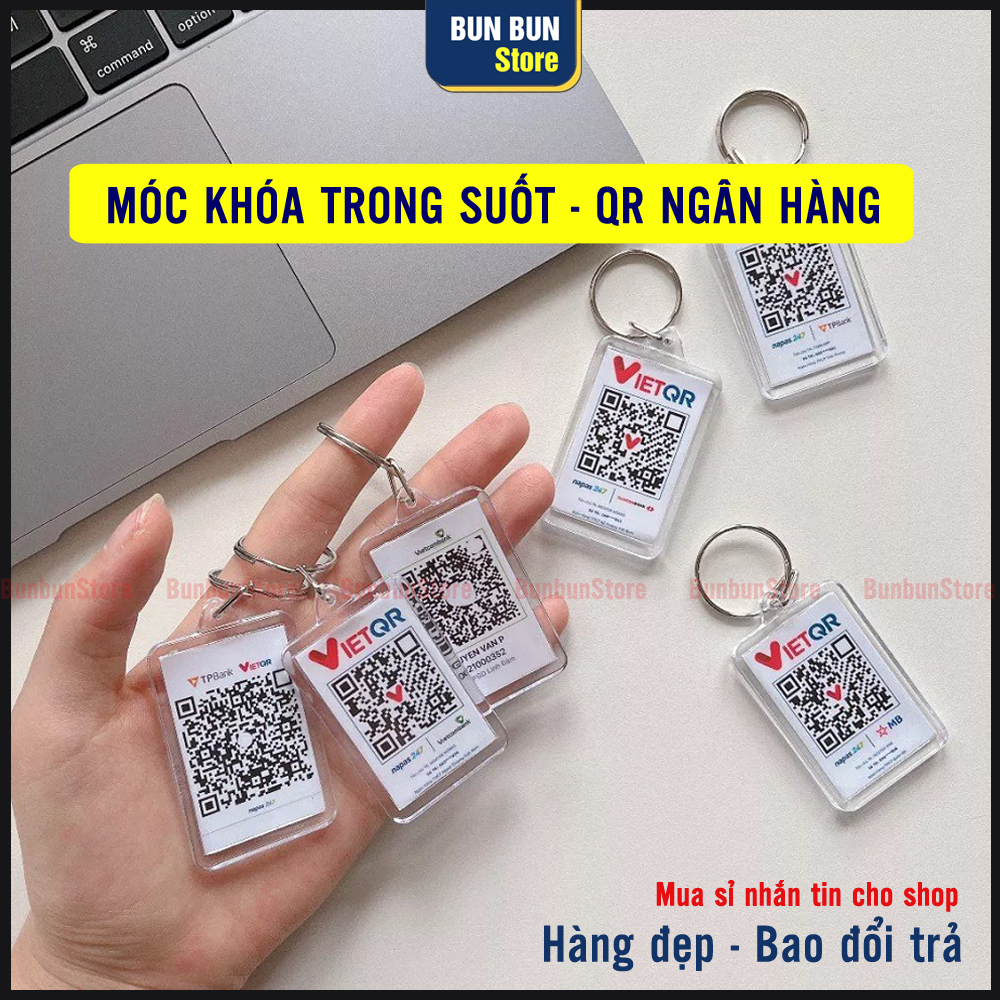 Móc khoá trong suốt, Móc khoá mã QR code ngân hàng. Nhựa trong suốt, Bán sỉ toàn quốc