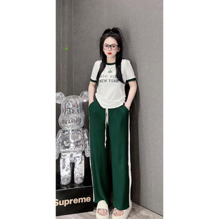 Set bộ áo viền in chữ và logo tim bích quần dài suông pk