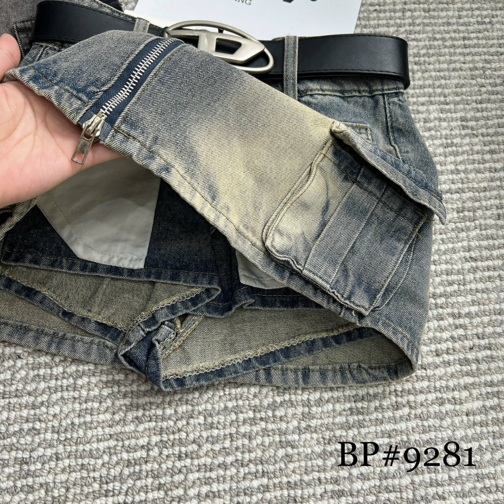 Chân váy ngắn jeans bò loang màu khóa trước túi hộp kèm belt D HiNa QCCC QCL1 CV0104 #9281