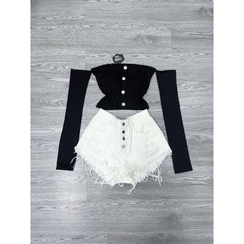 Áo trễ vai crotop dài tay có mut ngực dây áo trong