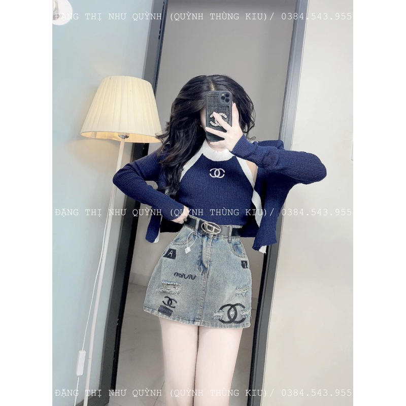 Chân váy jean  chữ X thêu