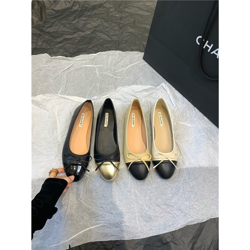 Giày bệt nơ mũi tròn phối màu thanh lịch kiểu pháp mùa thu 2023