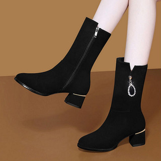 [CAO CẤP] Giày boot nữ gót vuông 6 phân da lộn ống lửng bốt ống có size 41 S111