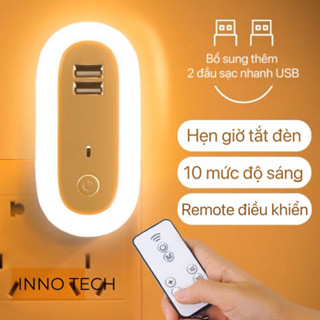Đèn Ngủ Ban Đêm Hẹn Giờ Tắt Đèn Tự Động, Có Điều Khiến Từ Xa, Đèn Ánh Sáng Trắng, Vàng, Thiết Kế Tích Hợp Cổng Sạc Kép