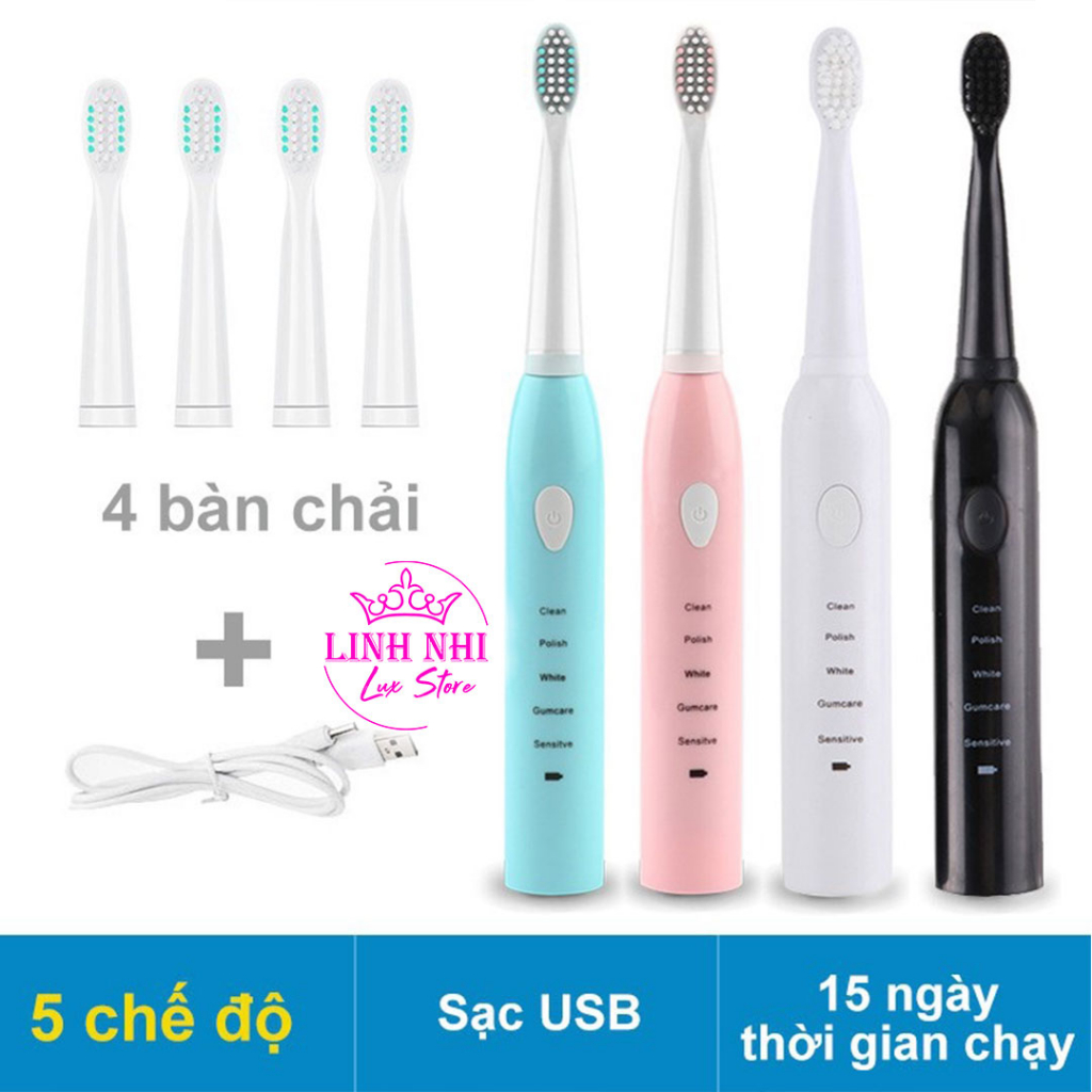 Bàn chải đánh răng phạm thoại , Bàn chải điện phạm thoại công nghệ rung sóng âm cao cấp tặng kèm 4 đầu bàn chải - Linh N