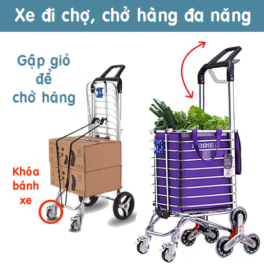 Xe đi chợ & chở hàng inox 2 trong 1 XIARI leo bậc thang thông minh đa năng kèm túi. Xe đẩy hàng kéo đi siêu thị gấp gọn