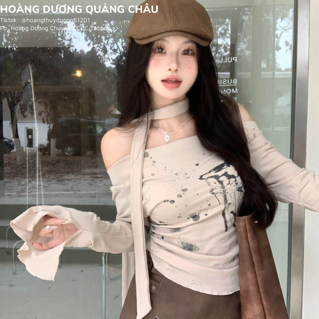 Áo Dệt Kim Tay Dài Trễ Vai Phối Ruy Băng Hoạ Tiết Bướm, Áo Trễ Vai Dáng Ôm Phong Cách Đường Phố Thời Trang Thu Đông 2023