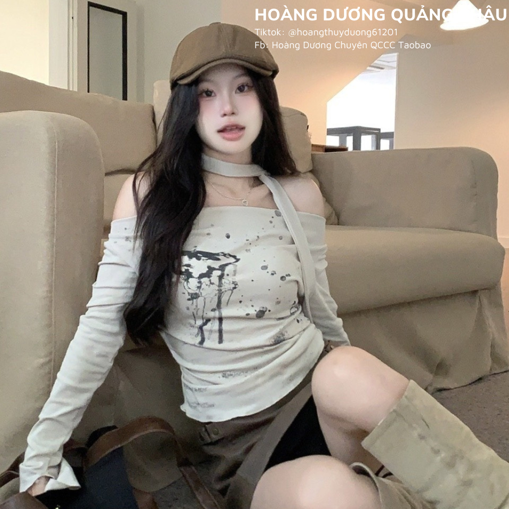 Áo Dệt Kim Tay Dài Trễ Vai Phối Ruy Băng Hoạ Tiết Bướm, Áo Trễ Vai Dáng Ôm Phong Cách Đường Phố Thời Trang Thu Đông 2023