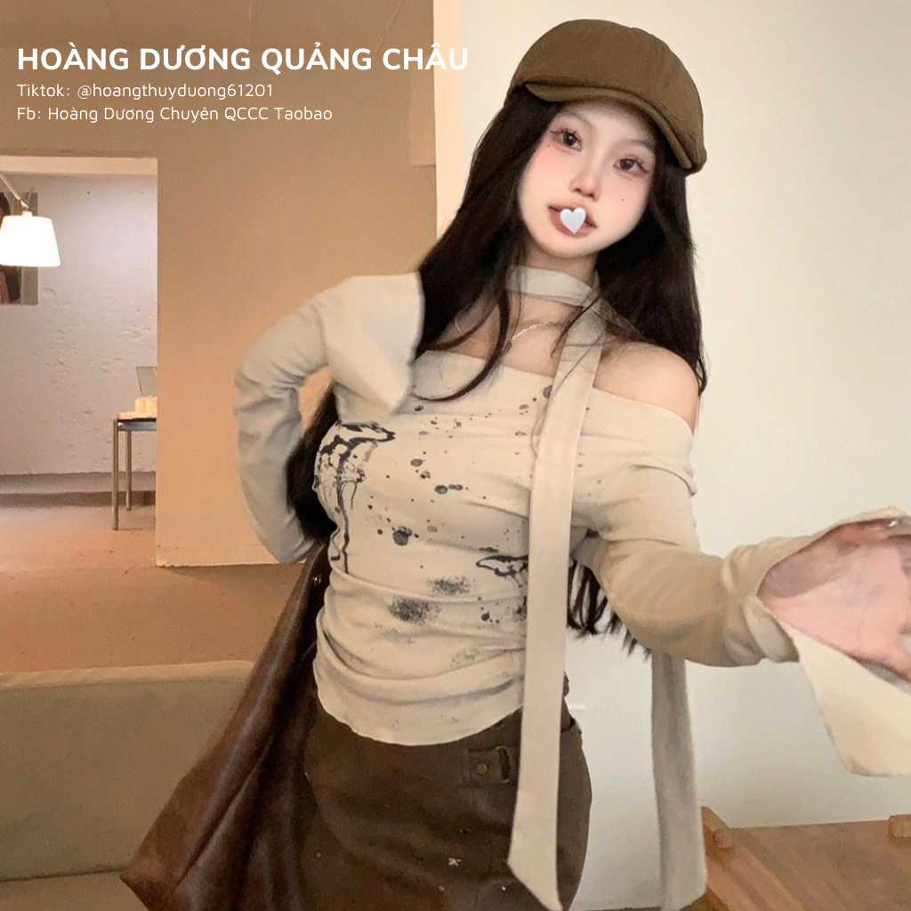 Áo Dệt Kim Tay Dài Trễ Vai Phối Ruy Băng Hoạ Tiết Bướm, Áo Trễ Vai Dáng Ôm Phong Cách Đường Phố Thời Trang Thu Đông 2023