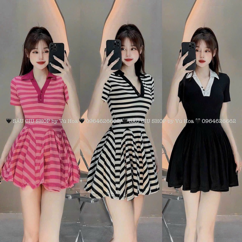 đầm xòe ngắn tay ngắn cổ bẻ kẻ sọc đen hồng lt