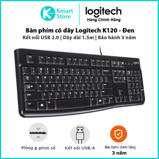 Bàn Phím Có Dây Logitech K120 | Kết nối cổng USB | Dây dài 1.5m | Thiết kế chống nước đổ tràn | Bảo hành 3 năm