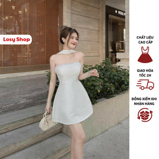 Đầm dự tiệc cúp ngực dây chocker cổ phối viền lông