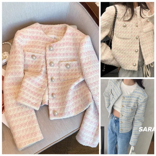 Áo khoác dạ tweed kẻ hồng/xanh - Áo khoác 2 lớp cúc ngọc siêu sang LALA TOP