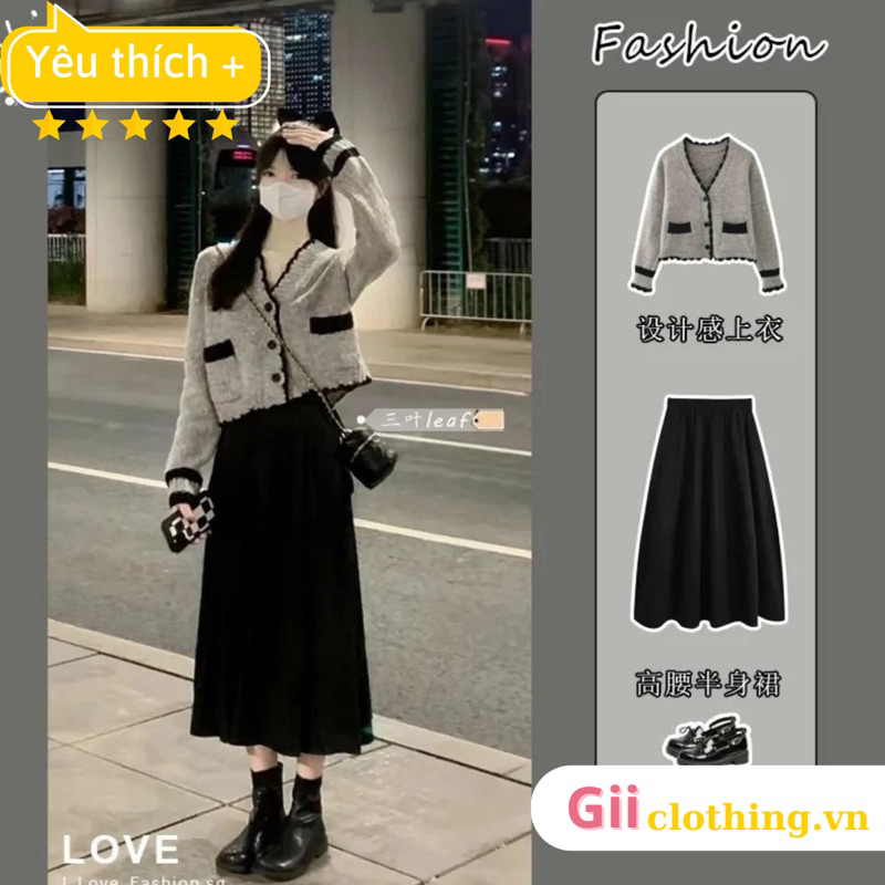 Áo khoác len cardigan xám viền đen có túi kết hợp chân váy dài đen phong cách Nhật Bản thu đông