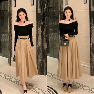 Set Áo Len Trễ Vai Dài Tay Yealna Phối Chân Váy Kaki Xếp Li Dáng Dài Kèm Dây Thắt Lưng