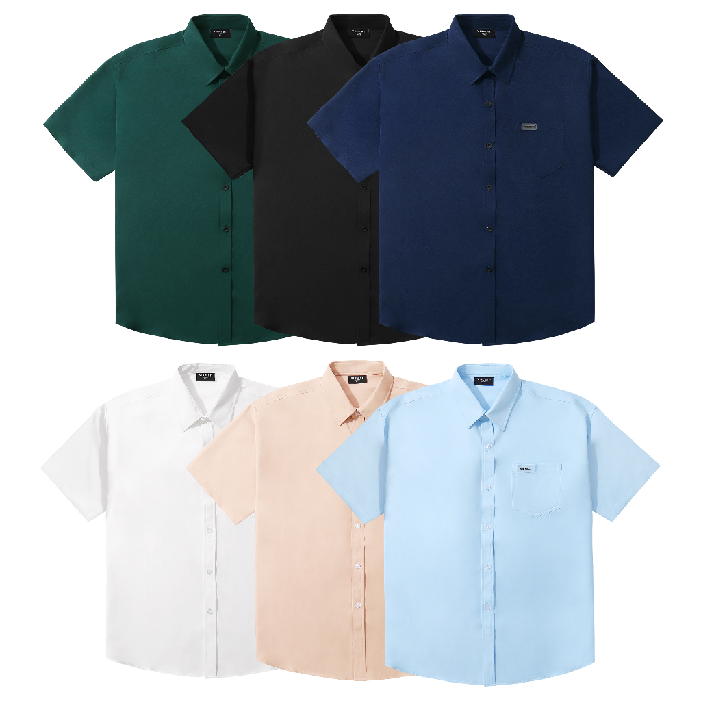 Áo Sơ Mi Tay Ngắn Vincent Unisex Vải Lụa Hàn Màu Đen, Xanh Két, Xanh Biển, Xanh Đen, Trắng, Da