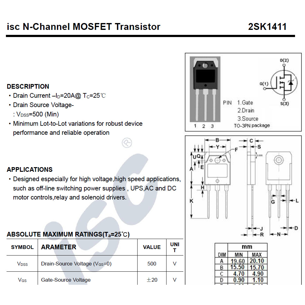 MOSFET N-Channel 2SK1411 20A 500V; 47N60C3 SPW47N60C3 47A 650V; W45NM50 STW45NM50 45A 550V; FS10SM FS10SM-18A 10A 900V