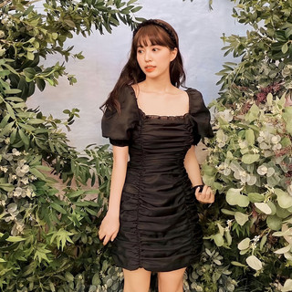 TINGOAN® - Váy nhún 2 kiểu cổ vuông trễ vai organza hack eo đen ARIANA DRESS /BL