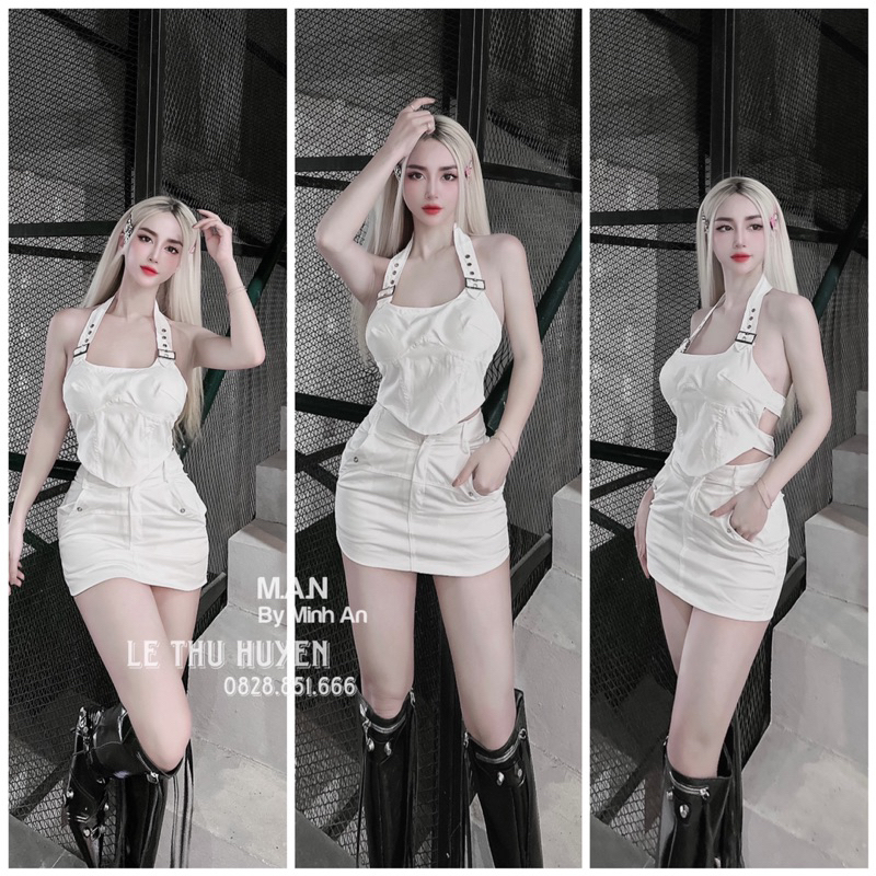 SET CHÂN VÁY NGẮN ÁO YẾM TRẮNG PHỐI ĐAI