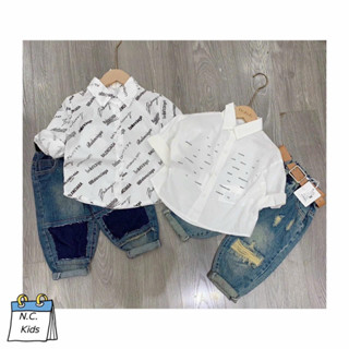 Bộ sơ mi ba.len chữ nhỏ quần vá bé trai was