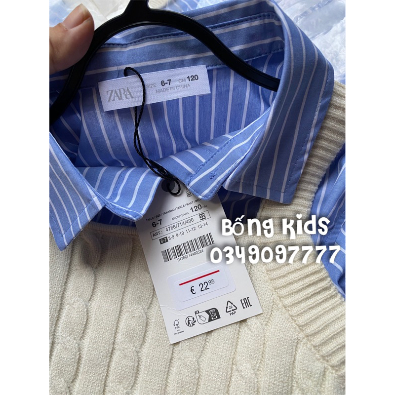 Áo Sơ Mi Bé Gái Kèm Gile Len Thừng Xanh Kẻ/Kem ZR