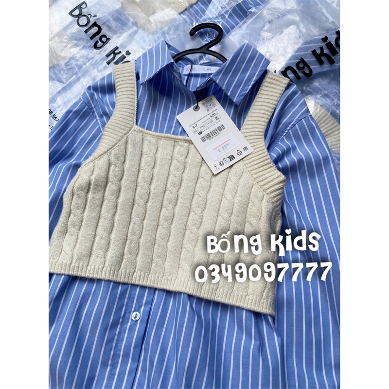 Áo Sơ Mi Bé Gái Kèm Gile Len Thừng Xanh Kẻ/Kem ZR