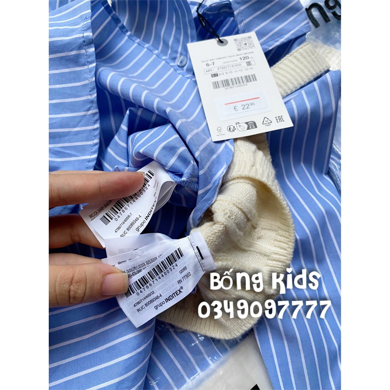 Áo Sơ Mi Bé Gái Kèm Gile Len Thừng Xanh Kẻ/Kem ZR