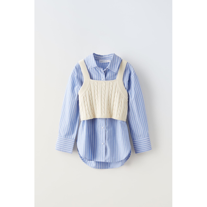 Áo Sơ Mi Bé Gái Kèm Gile Len Thừng Xanh Kẻ/Kem ZR