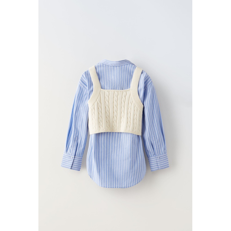 Áo Sơ Mi Bé Gái Kèm Gile Len Thừng Xanh Kẻ/Kem ZR