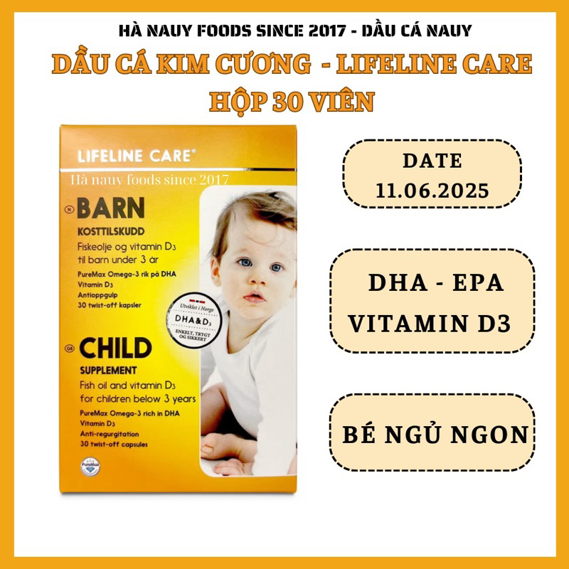 Dầu cá Kim Cương LIFELINE CARE BARN Omega 3, Vitamin D3 cho bé nội địa Na Uy - hộp 30 viên