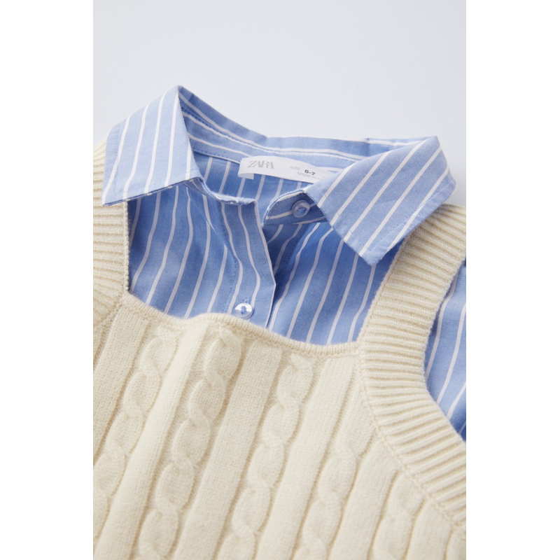 Áo Sơ Mi Bé Gái Kèm Gile Len Thừng Xanh Kẻ/Kem ZR