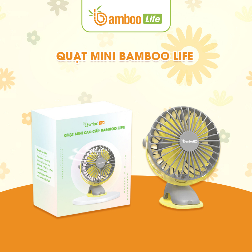Quạt mini để bàn Bamboo Life 4000mah tích điện, cầm tay, kẹp xe đẩy cho bé sạc điện usb pin siêu bền thời gian 20h
