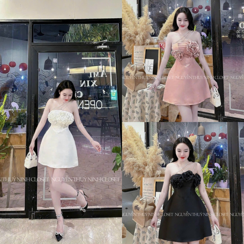 Đầm váy nữ tapta dáng xòe tiểu thư dễ thương họa tiết kèm bông phối dây cườm ( có mút ngực ) xinh xắn dự tiệc