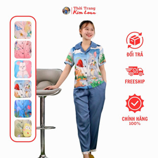 Đồ bộ ngủ Pijama tay ngắn, quần dài phối hoạ tiết nhiều màu - Vải lụa latin, gấm xước Quảng Châu cao cấp
