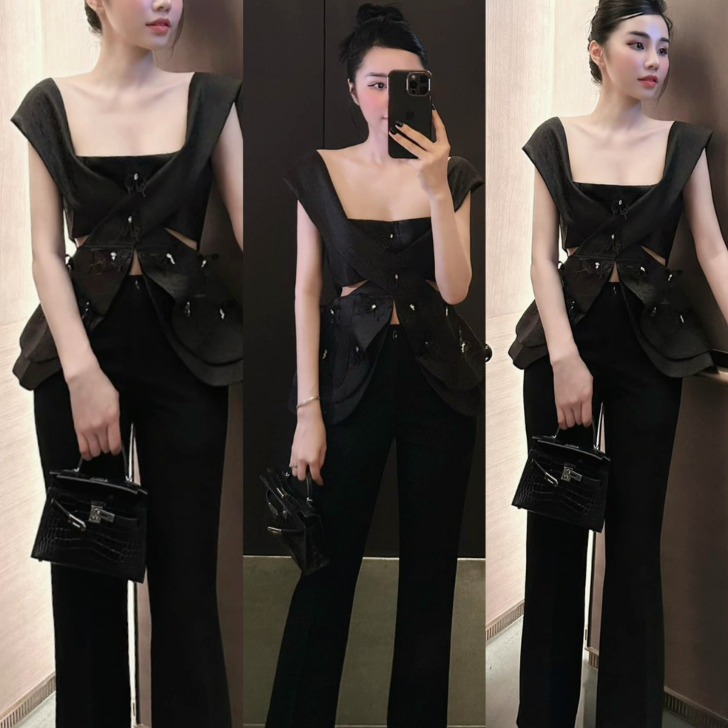 BỘ QUẦN SUÔNG TRƠN + ÁO GẤM PEPLUM CUTOUT EO DÂY BẢN TO 070923