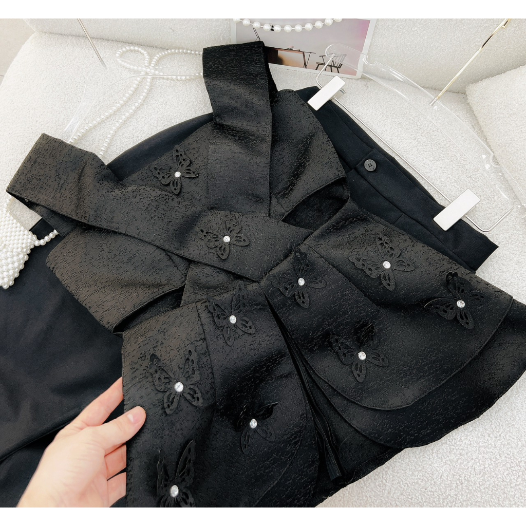 BỘ QUẦN SUÔNG TRƠN + ÁO GẤM PEPLUM CUTOUT EO DÂY BẢN TO 070923