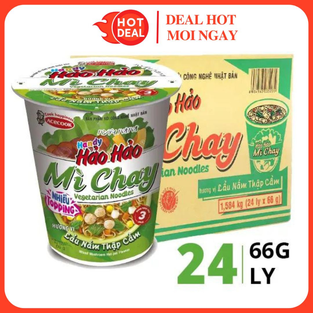 Thùng Mì Ly Hảo Hảo Chay Lẩu Nấm Thập Cẩm 24 Ly 66G/Ly