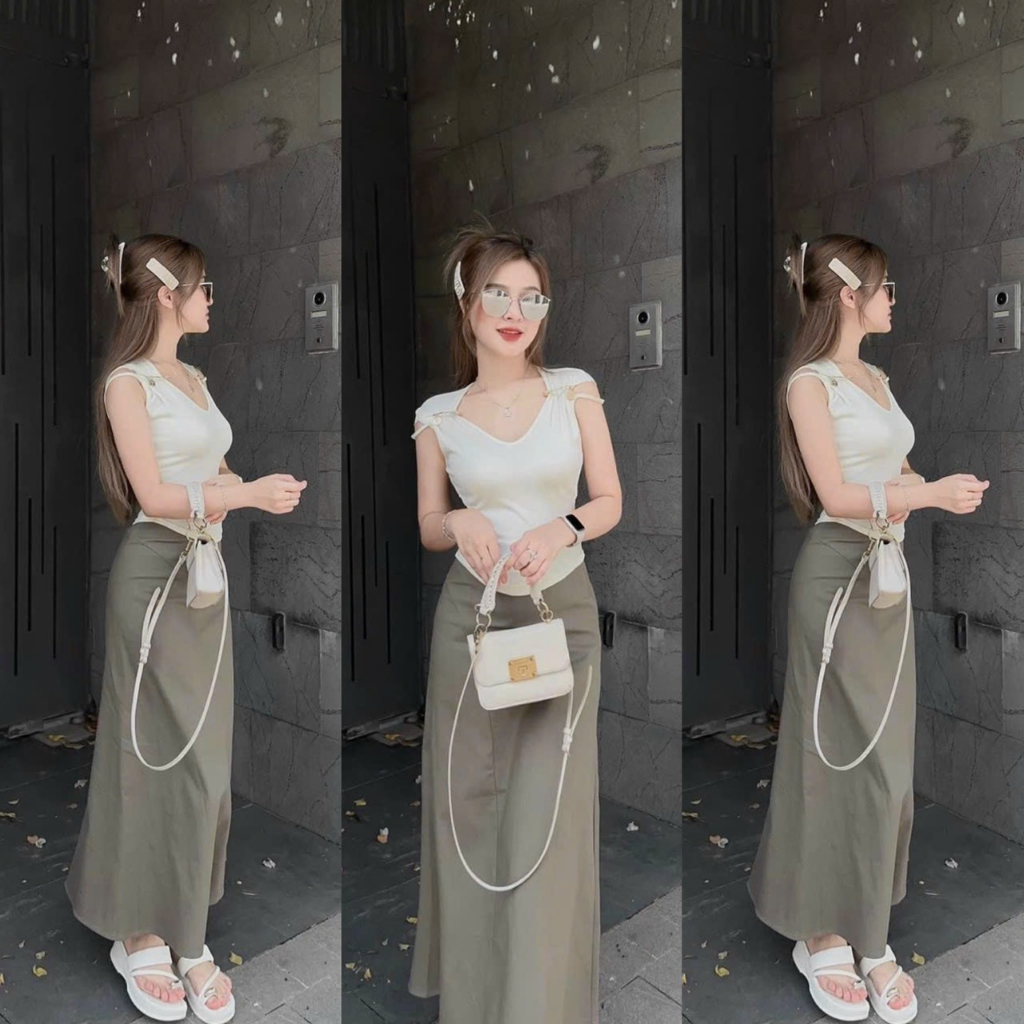 Sét bộ áo thun gân kèm phụ kiện mix chân váy tuyết mưa sang chảnh tôn dáng xinh xắn đi chơi dự tiệc quý phái