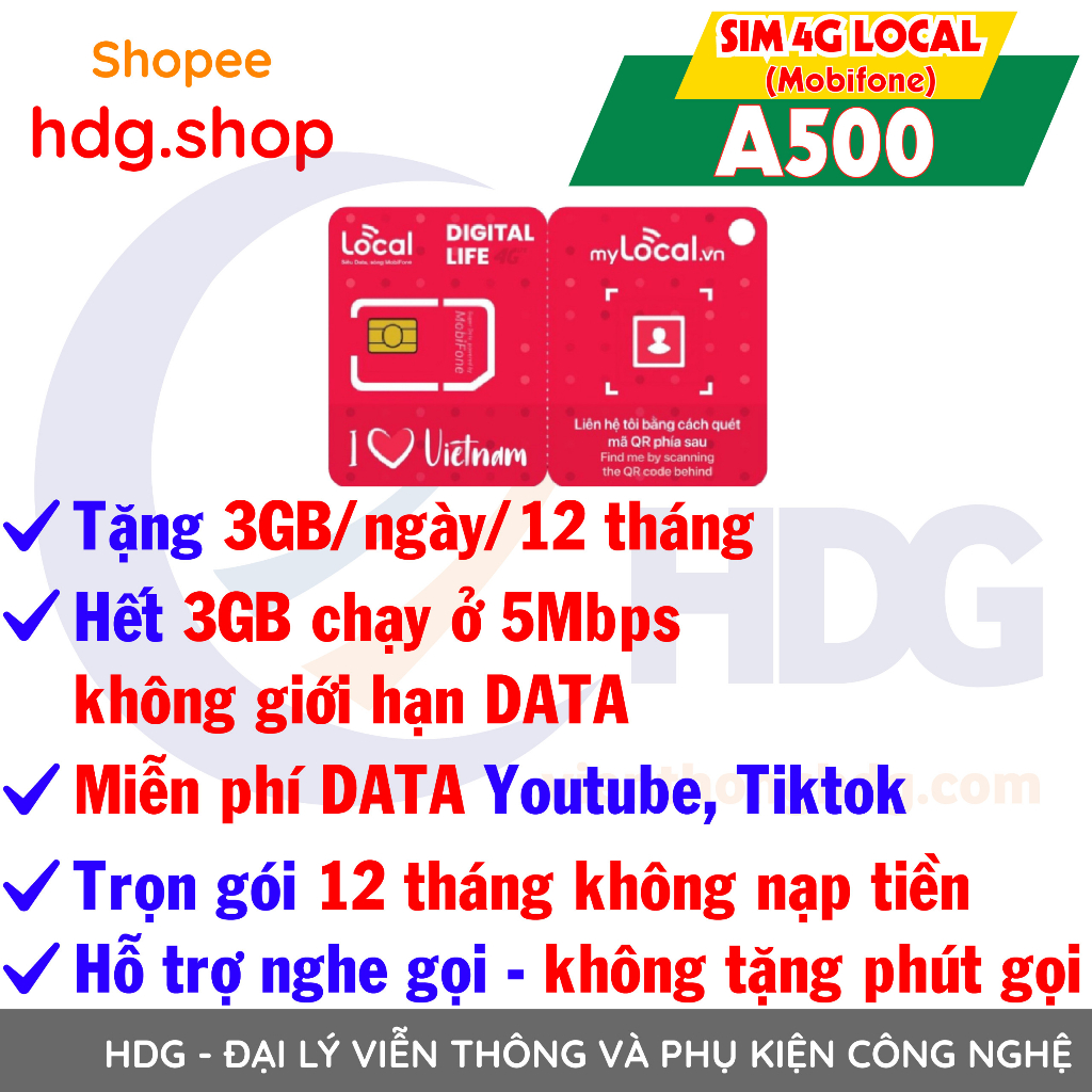 Sim 4G LOCAL A500 tặng 3Gb/ ngày, miễn phí 12 tháng, LOCAL 12A50S tặng 1gb/ngày, miễn phí 14 tháng - Hdg.shop