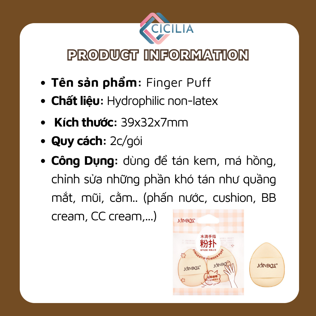 Set 2 Mút Trang Điểm Mini Finger Puff  CICILIA Cao Cấp  Tán Kem Nền, Kem Che Khuyết, Cushion CI-057