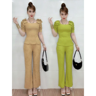 Sét bộ thun xốp nhật ống loe xẻ tà eo cổ vuông