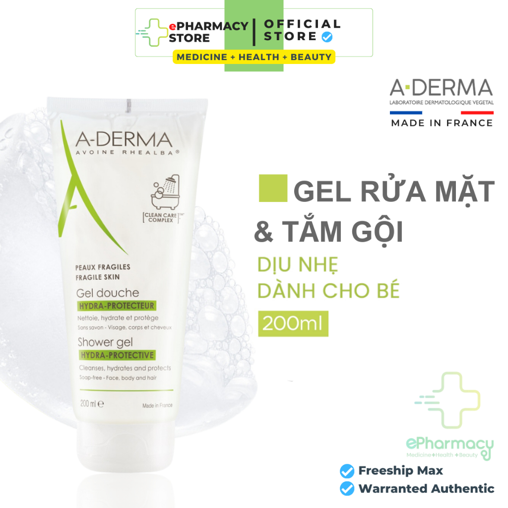 Sữa rửa mặt + tắm gội A-DERMA Shower Gel Hydra-Protective face, body and Hair 200ml