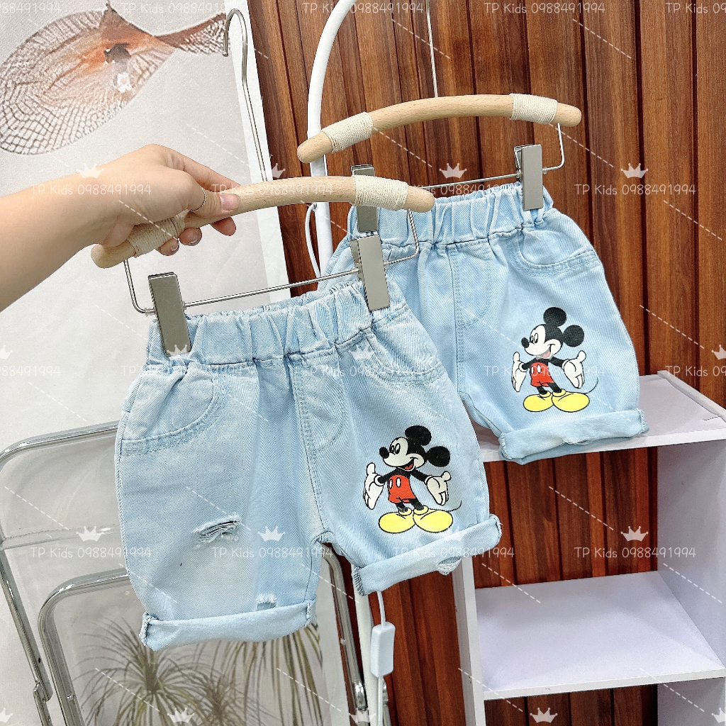 Quần ngố bò cho bé trai in hình Mickey, quần Jeans lửng trẻ em,TP KIDS