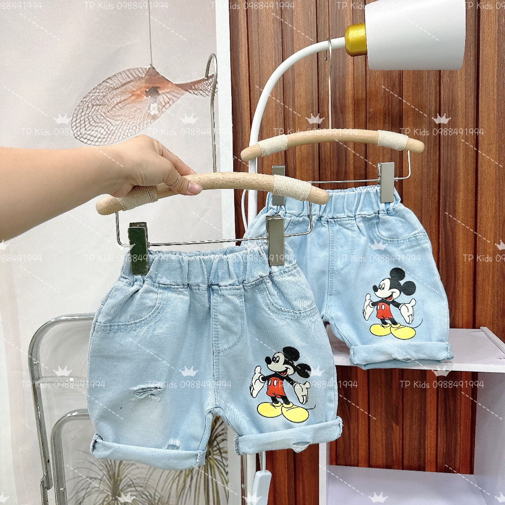 Quần ngố bò cho bé trai in hình Mickey, quần Jeans lửng trẻ em,TP KIDS